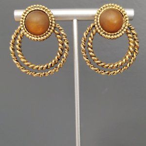 Textured gold door knocker earrings with brown center bead